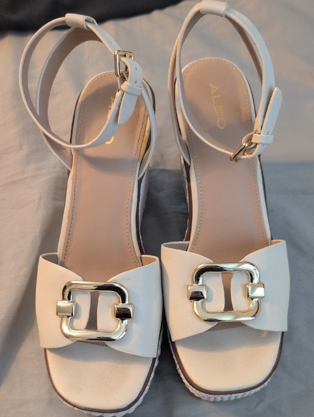 Aldo White Sandal with Gold Buckle Accent